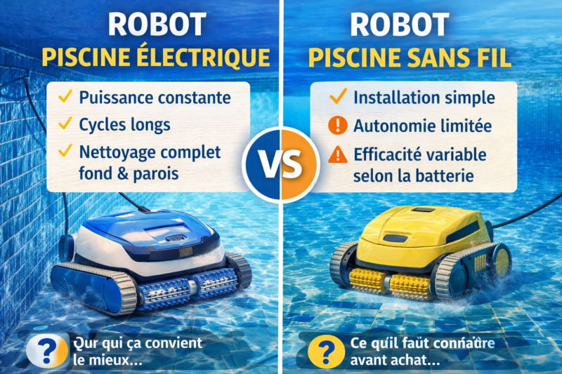 meilleur robot piscine électrique + comparaison entre robot piscine électrique et robot piscine sans fil pour le nettoyage du fond et des parois