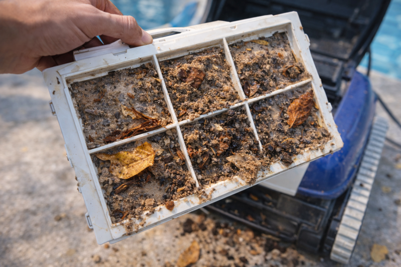 filtre robot piscine bouché avec feuilles et débris