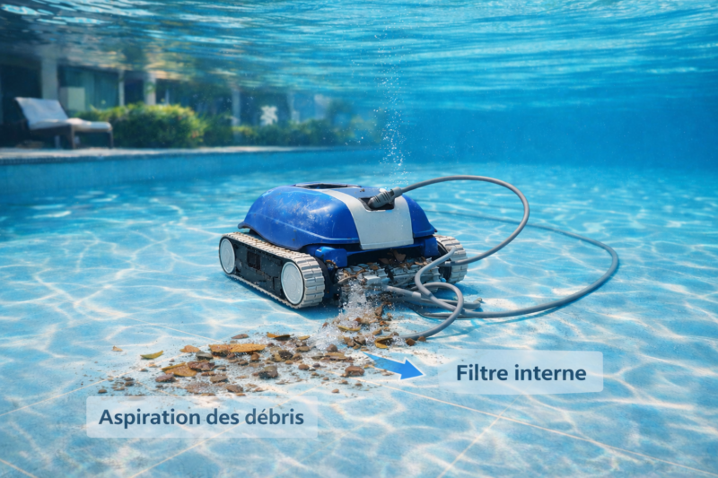 robot piscine aspirant feuilles et débris au fond de la piscine