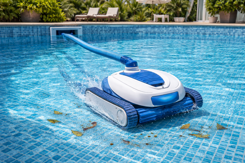 robot piscine hydraulique nettoyant le fond d'une piscine