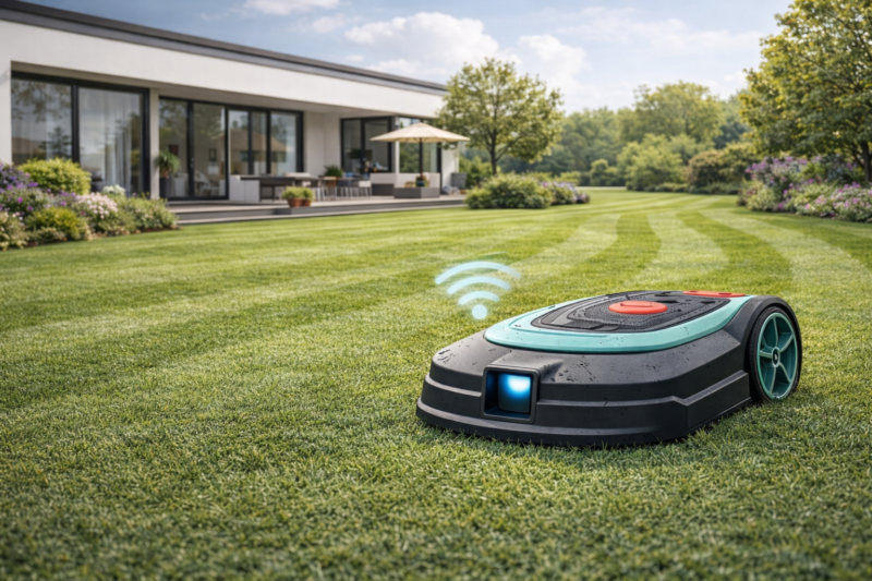 robot tondeuse sans fil périphérique dans un jardin