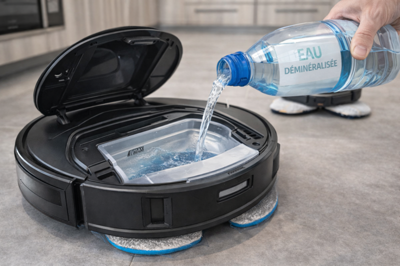 remplissage réservoir robot aspirateur laveur avec eau déminéralisée