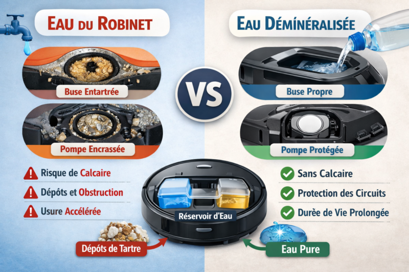quelle eau utiliser dans un robot aspirateur laveur comparaison eau du robinet vs eau déminéralisée
