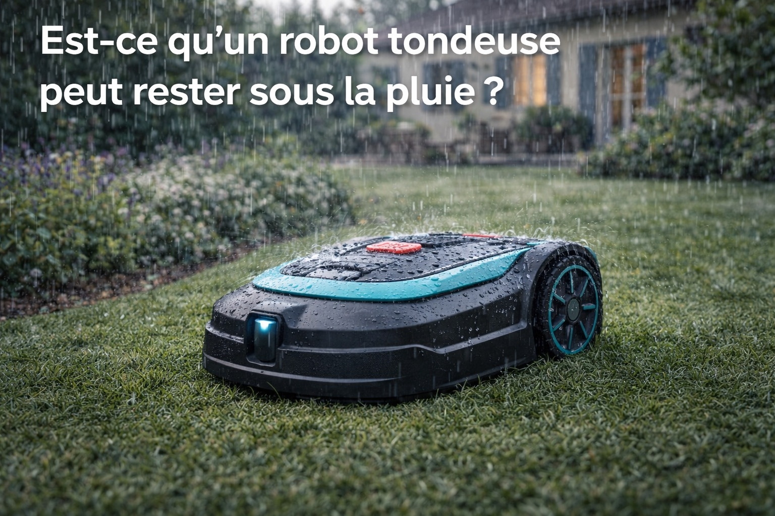 robot tondeuse sous la pluie dans un jardin