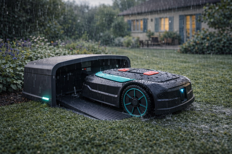station recharge robot tondeuse sous la pluie fonctionnement